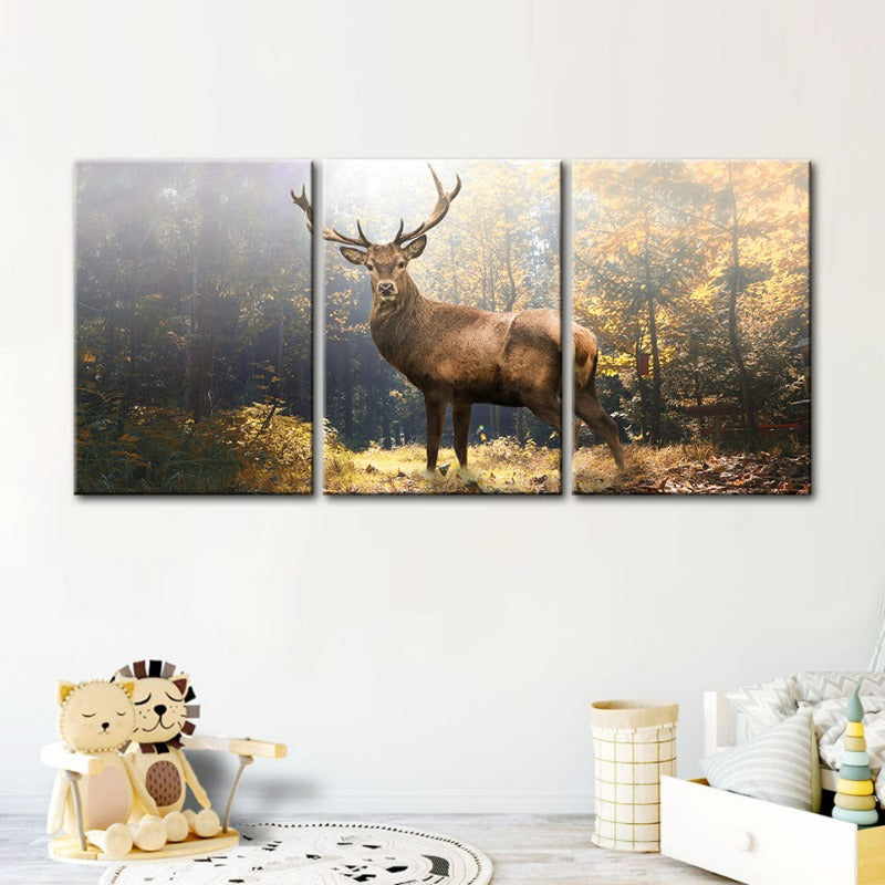 Majestic Deer in the Woods-Canvas Wall Art Painting 3 Pieces | Bowlift