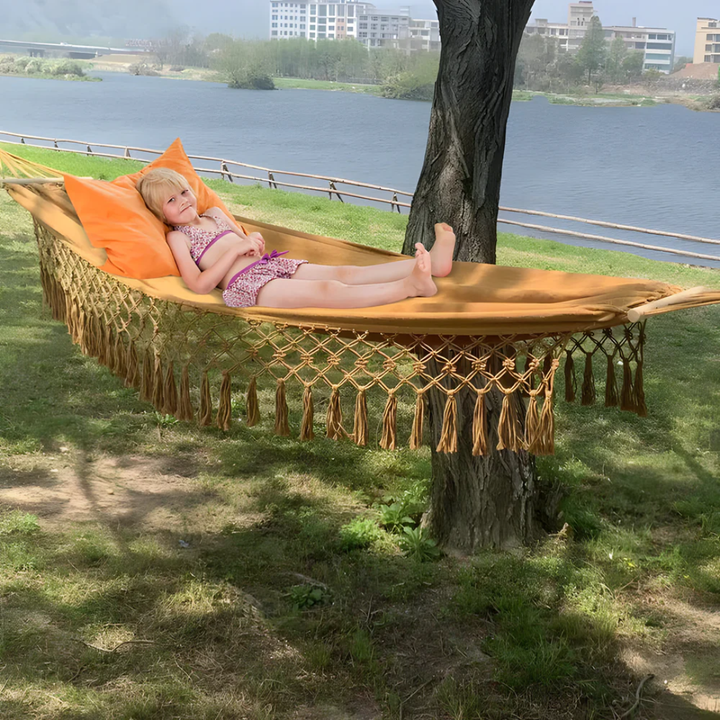 BowLift | Boho Cotton Hammock with Wooden Bars for Indoor Outdoor Use