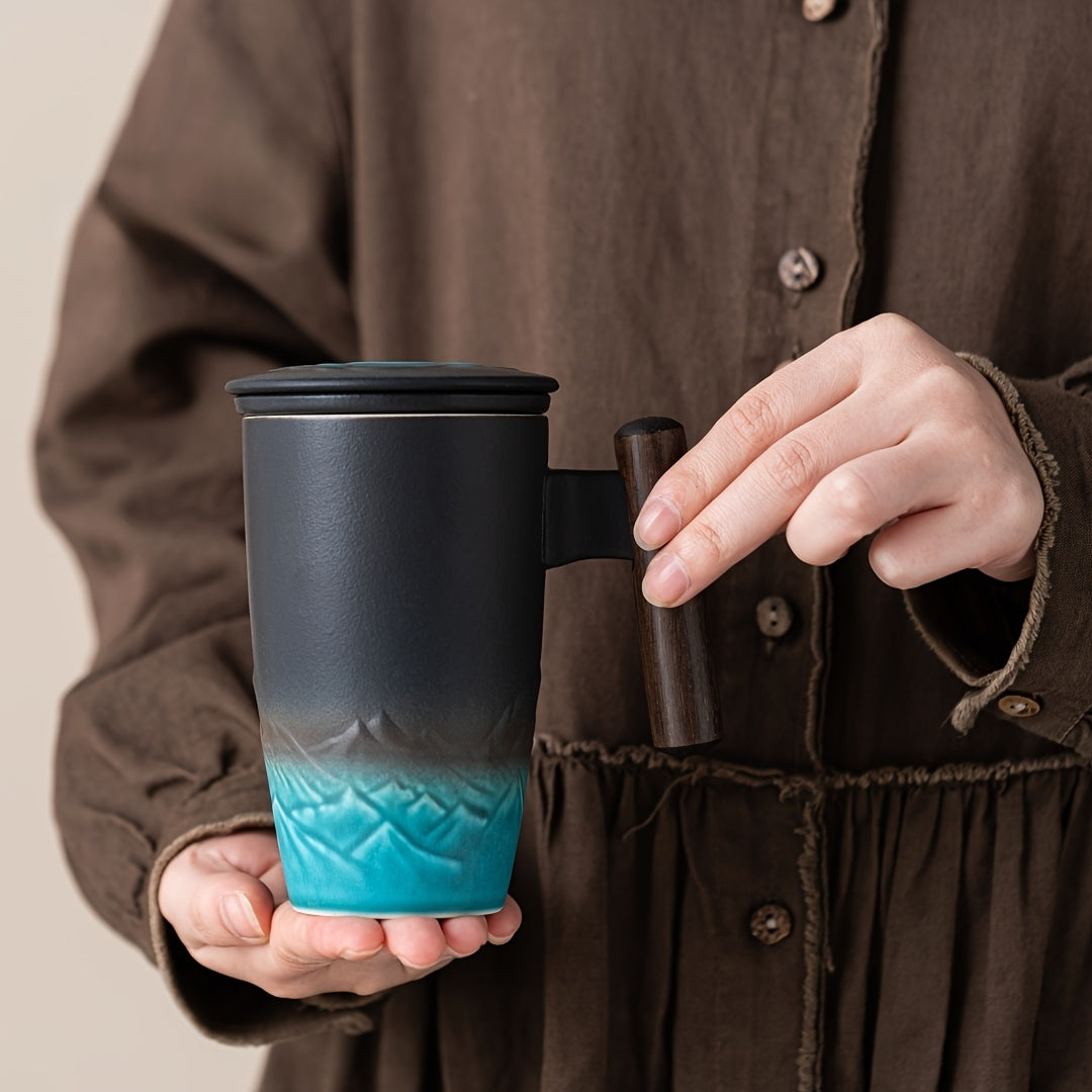 BowLift | TeaCraft Ceramic Mug | Handmade | With Tea Infuser & Wooden Handle | Retro Design