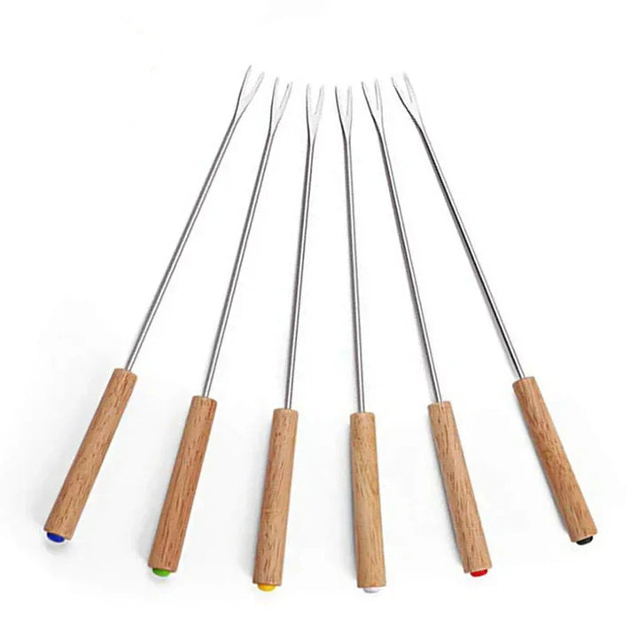 6Pcs Stainless Steel Forks with Wooden Handle for BBQ Campfire Grill | Bowlift