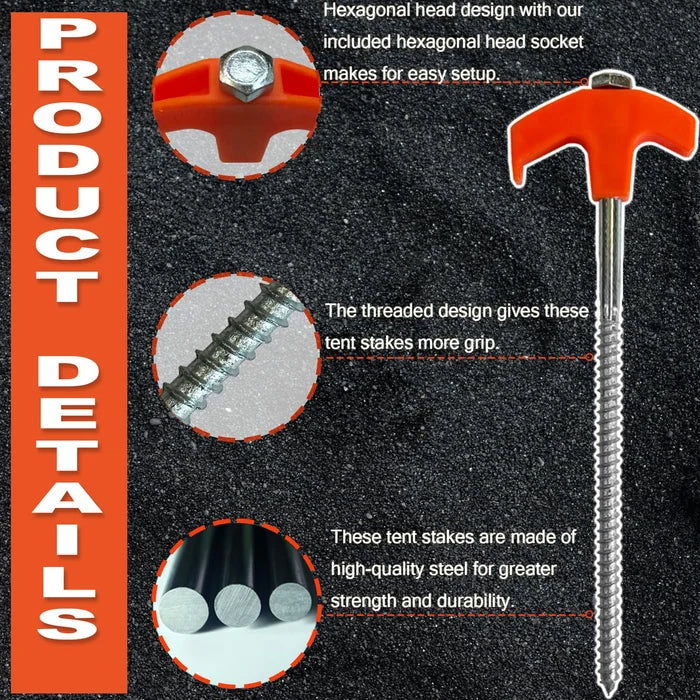 BowLift | Tent Stakes with Drill Tip | Heavy-Duty Steel Screw-In Pegs | 16-Pack Camping Anchors 8"