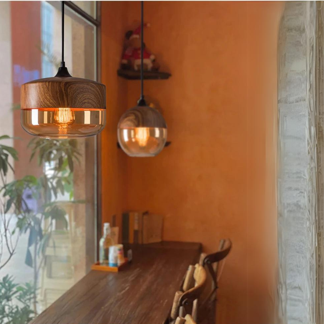 BowLift | Scandinavian Pendant Lamp made of Wood and Tinted Glass