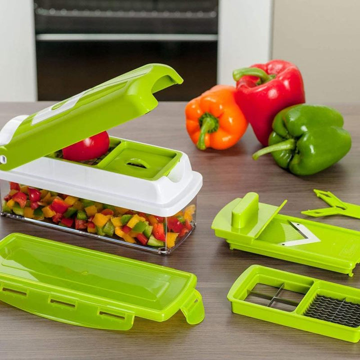 BowLift | CutMate Multifunctional Vegetable Cutter 12-in-1 | With Collection Container & Finger Guard | Stainless Steel Blades | Compact & Safe