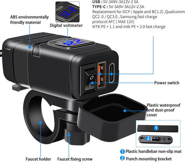BowLift | Motorcycle USB & Type-C Fast Charger with Voltmeter – Drayvik