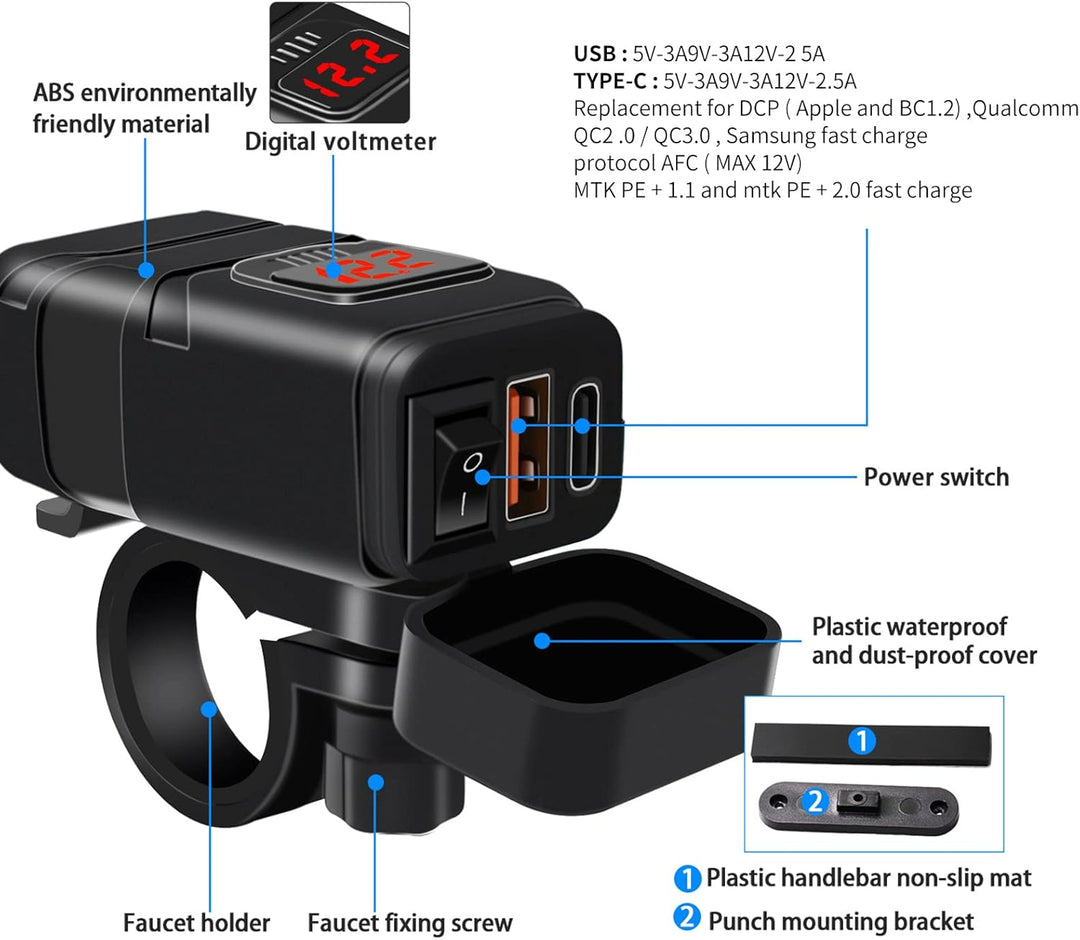 BowLift | Motorcycle USB & Type-C Fast Charger with Voltmeter – Drayvik