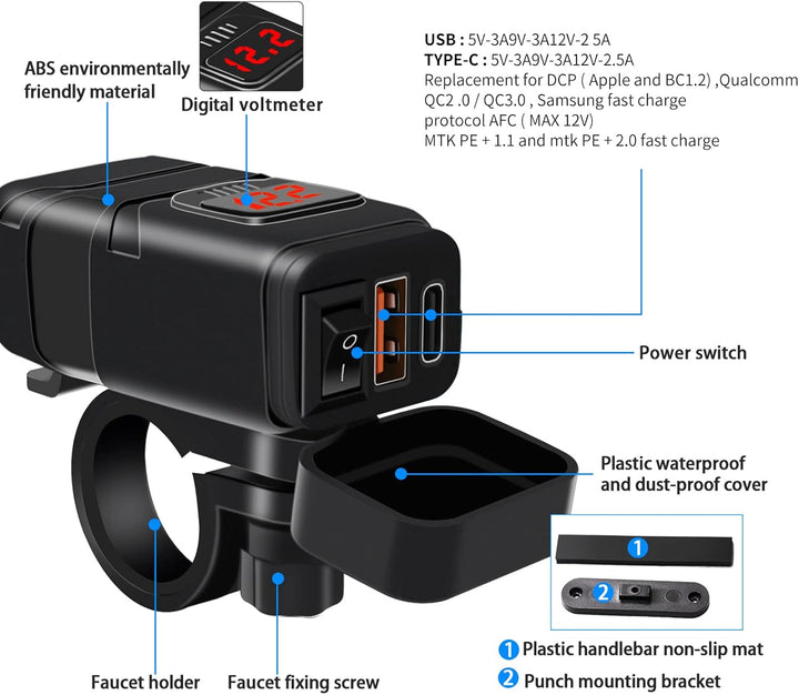 BowLift | Motorcycle USB & Type-C Fast Charger with Voltmeter – Drayvik
