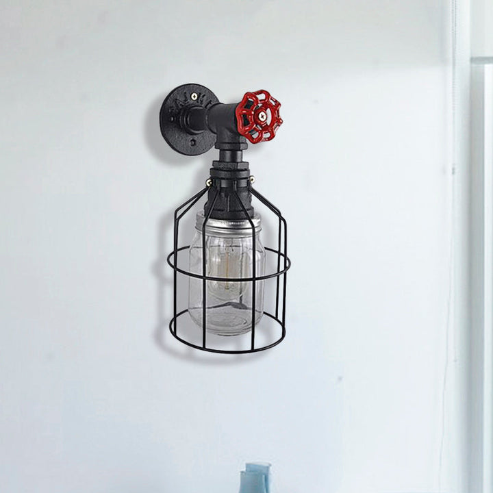 BowLift | Vintage Caged Wall Lamp with Inner Pot Shade and Red Flap 1 Light Glass Wall Lighting in Blue/Transparent