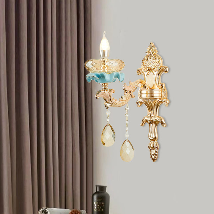 BowLift | Antiqued Candle Holder Wall Mount Lamp 1/2-Light K9 Crystal Wall Sconce with Ceramic Plastic in Gold