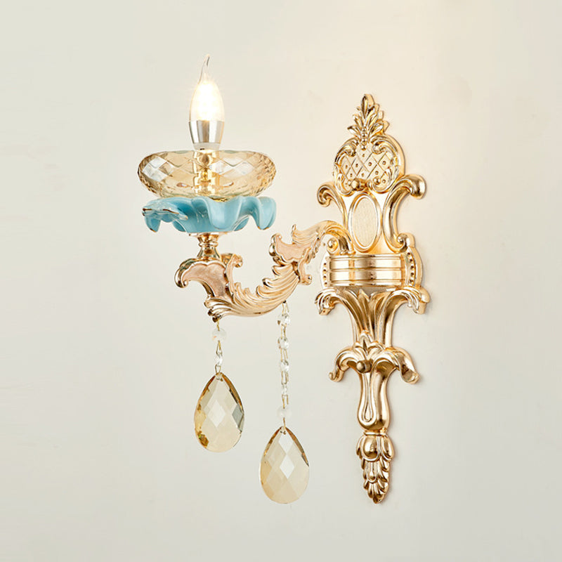 BowLift | Antiqued Candle Holder Wall Mount Lamp 1/2-Light K9 Crystal Wall Sconce with Ceramic Plastic in Gold