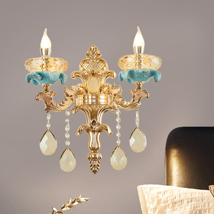 BowLift | Antiqued Candle Holder Wall Mount Lamp 1/2-Light K9 Crystal Wall Sconce with Ceramic Plastic in Gold