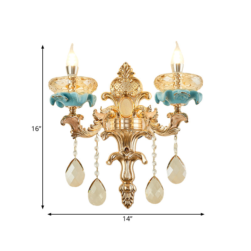 BowLift | Antiqued Candle Holder Wall Mount Lamp 1/2-Light K9 Crystal Wall Sconce with Ceramic Plastic in Gold