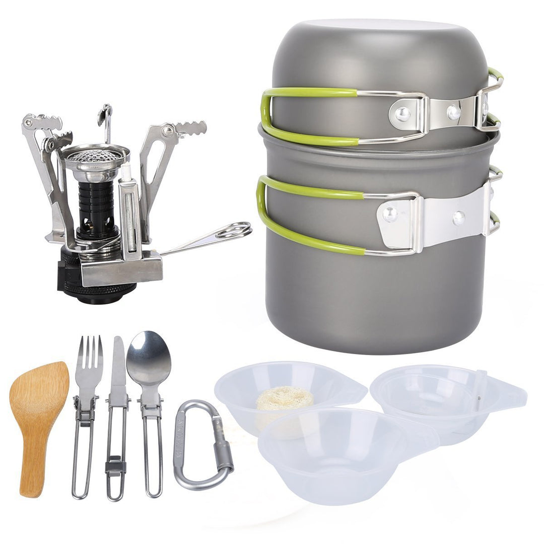 compact lightweight camping cookware and backpacking cook set with folding stove and nesting non-stick pots Bowlift