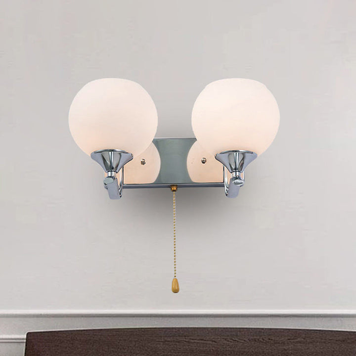BowLift | Cream Glass Global Wall Mount Light Modern 2-Head Chrome Wall Sconce with Pull Chain