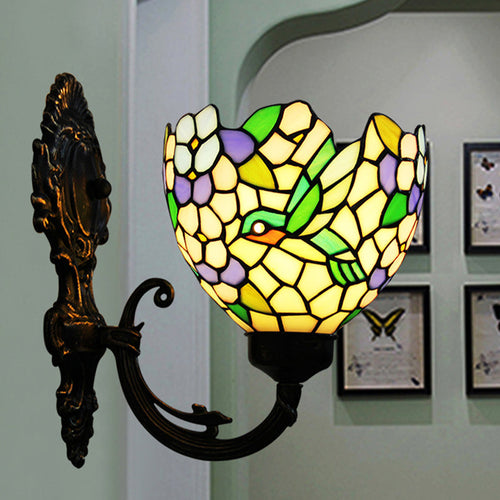 BowLift | 1-Light Wall Sconce Baroque Flower Hand-Cut Glass Wall-Mounted Lighting in Bronze with Swirl Arm