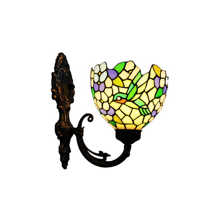 BowLift | 1-Light Wall Sconce Baroque Flower Hand-Cut Glass Wall-Mounted Lighting in Bronze with Swirl Arm