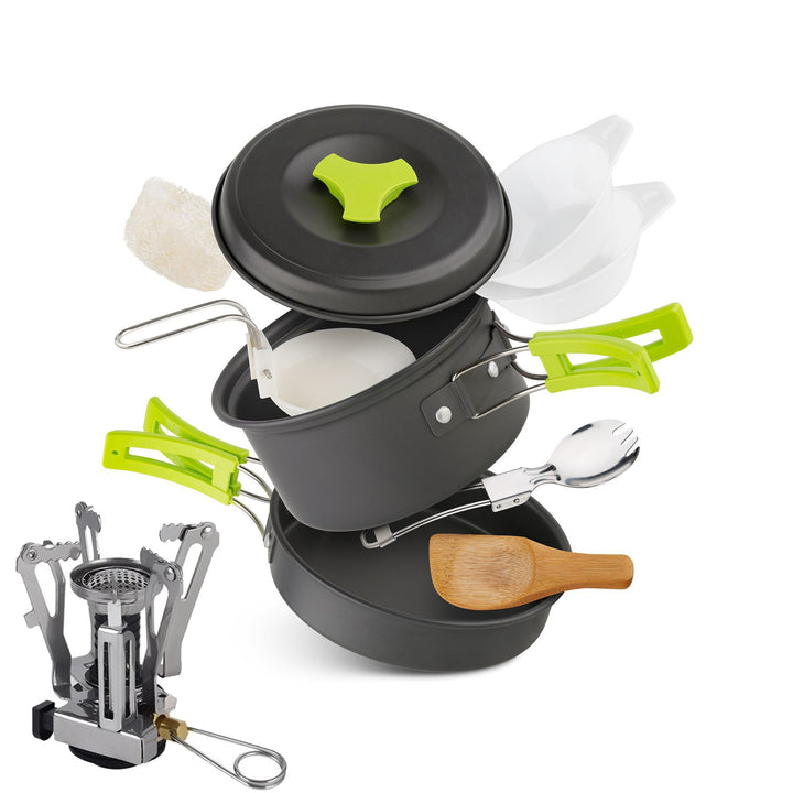 lightweight nesting camping cookware set with folding heat-resistant handles integrated compact stove and utensils Bowlift