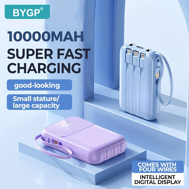 BowLift | 10000mAh Portable Power Bank with Fast Charging and Built-in Cables – Compact Phone Charger with LED display