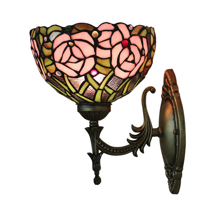BowLift | Pink Wall Mounted Lighting Tiffany 1 Lamp Glazed Glass Wall Lamp with Bronze Engraved Arm