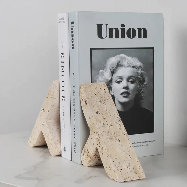 BowLift | Elegant Travertine Bookends for Shelves