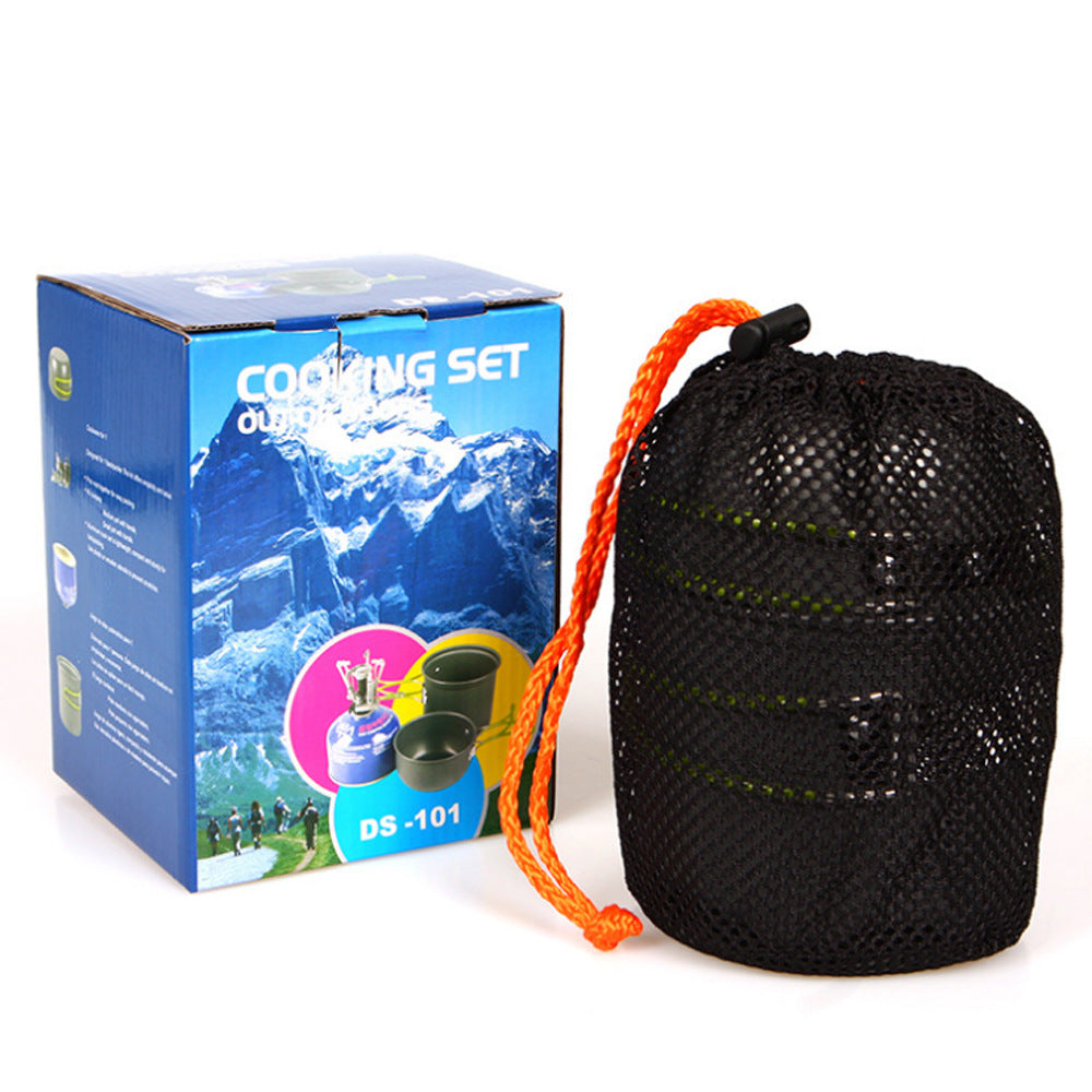 lightweight packable backpacking cookware and compact gas stove set with nonstick nesting pots and folding handles Bowlift
