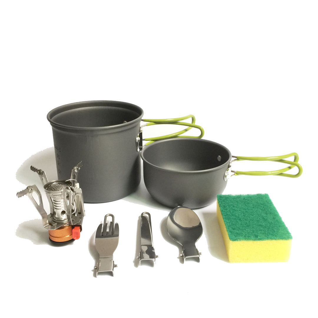 lightweight packable backpacking cookware and compact gas stove set with nonstick nesting pots and folding handles Bowlift