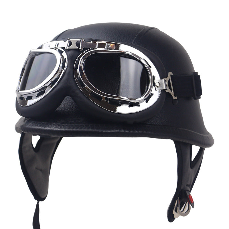 Vintage Leather Motorcycle Helmet with Goggles Bowlift