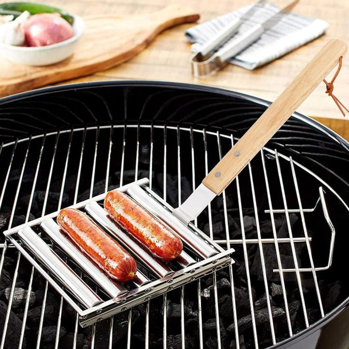 Rotating Hot Dog Grill Rack with Detachable Wood Handle Bowlift