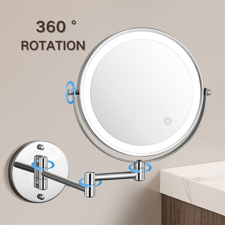 BowLift | Rechargeable Wall Mounted Shaving Mirror | 360° Rotation. 1X/10X Magnification & Adjustable LED Lighting for Bathroom Use