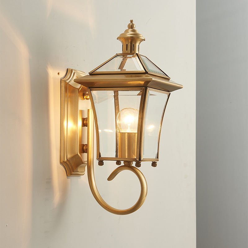 Traditional European Trapezoid Copper Glass 1-Light Wall Sconce Lamp For Garden | Bowlift