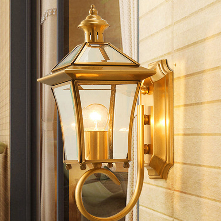 Traditional European Trapezoid Copper Glass 1-Light Wall Sconce Lamp For Garden | Bowlift