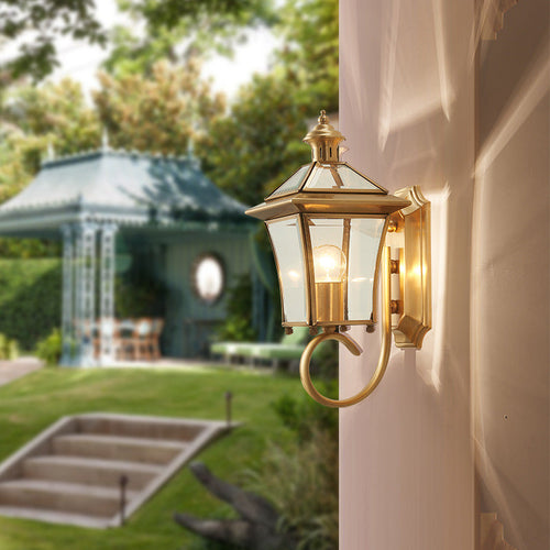 Traditional European Trapezoid Copper Glass 1-Light Wall Sconce Lamp For Garden | Bowlift