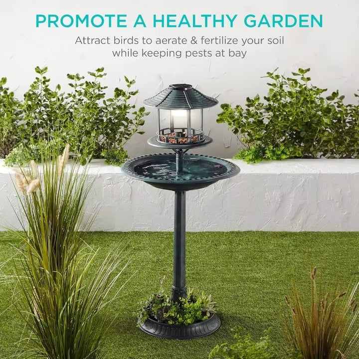 BowLift | Solar-Powered Bird Bath on Stand with Built-In Planter & LED Lamp