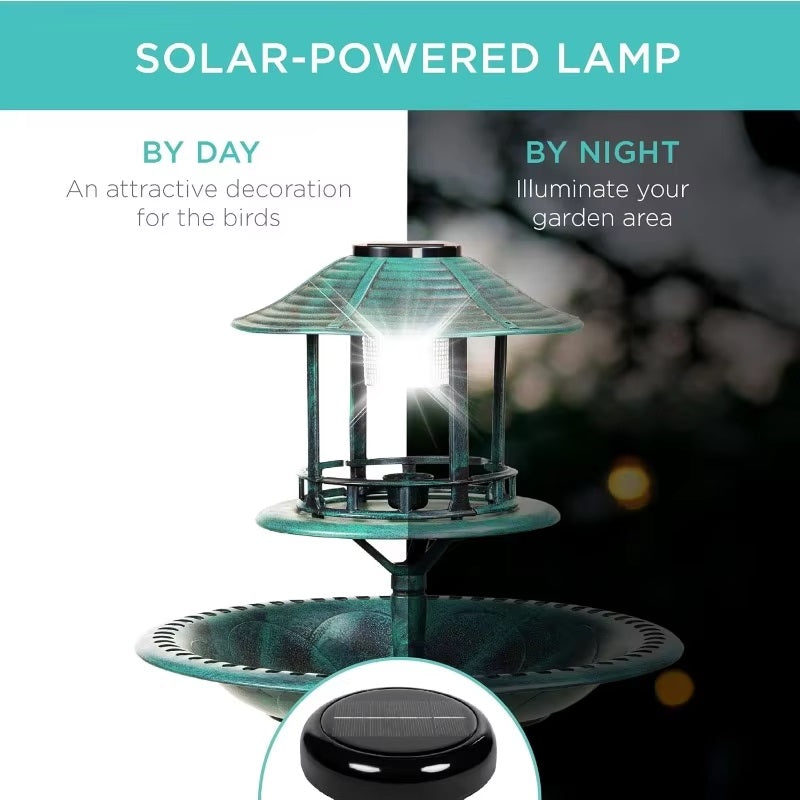 BowLift | Solar-Powered Bird Bath on Stand with Built-In Planter & LED Lamp