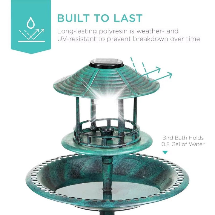 BowLift | Solar-Powered Bird Bath on Stand with Built-In Planter & LED Lamp