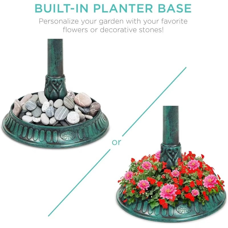 BowLift | Solar-Powered Bird Bath on Stand with Built-In Planter & LED Lamp