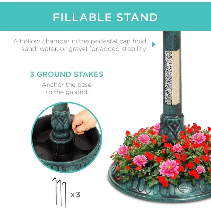 BowLift | Solar-Powered Bird Bath on Stand with Built-In Planter & LED Lamp