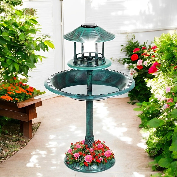 BowLift | Solar-Powered Bird Bath on Stand with Built-In Planter & LED Lamp