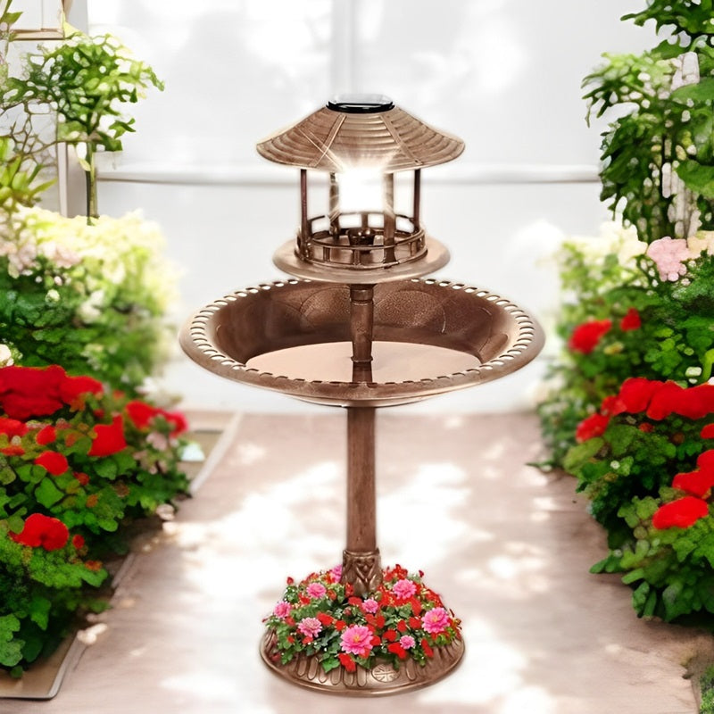 BowLift | Solar-Powered Bird Bath on Stand with Built-In Planter & LED Lamp