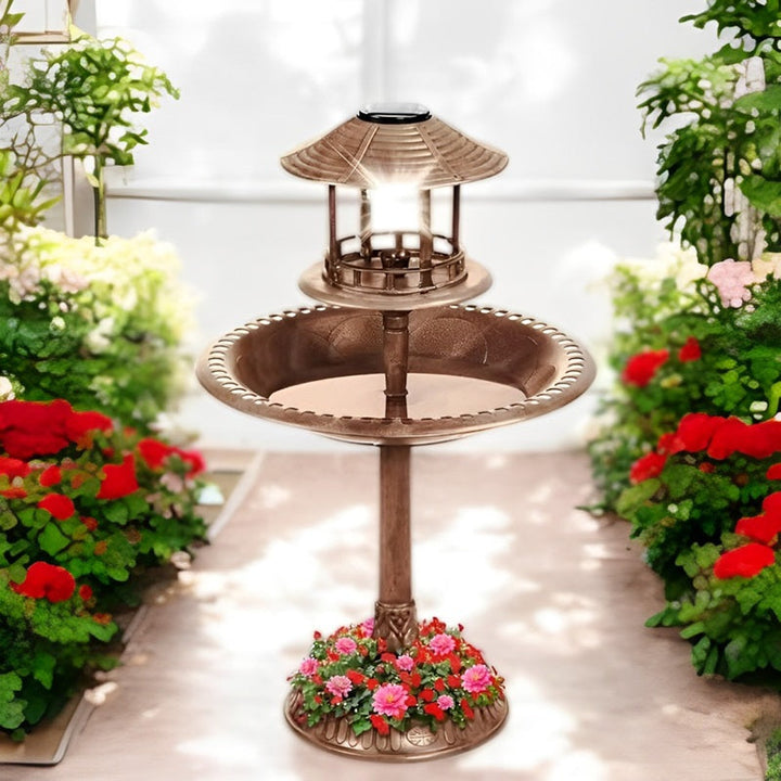 BowLift | Solar-Powered Bird Bath on Stand with Built-In Planter & LED Lamp