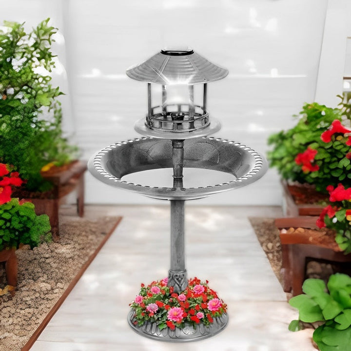 BowLift | Solar-Powered Bird Bath on Stand with Built-In Planter & LED Lamp