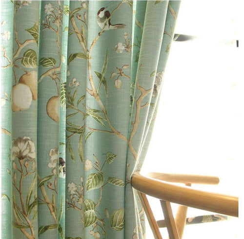 Blackout Blue Curtains with Floral Bird Patterns Bowlift