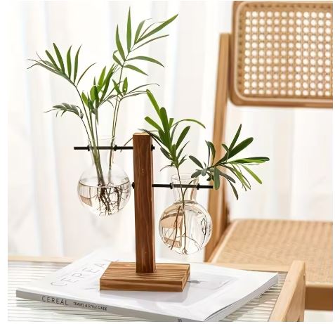 BowLift | Vasoya Glass Vases | 3-Piece Set with Wooden Frame | Scandinavian & Versatile | For Flowers & Hydroponics