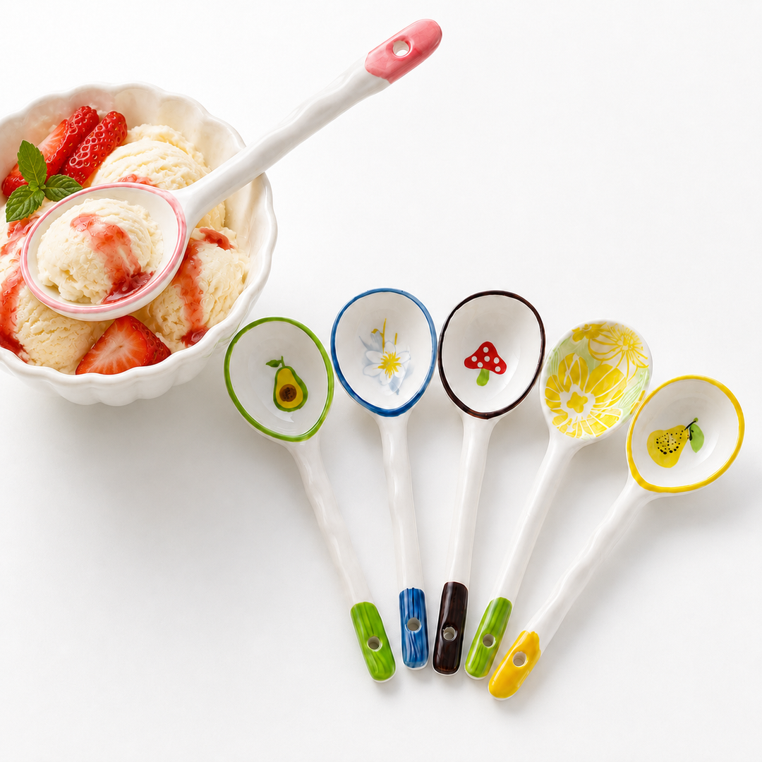 Ceramic soup spoon with lucky cat illustration and ergonomic long-handle Bowlift