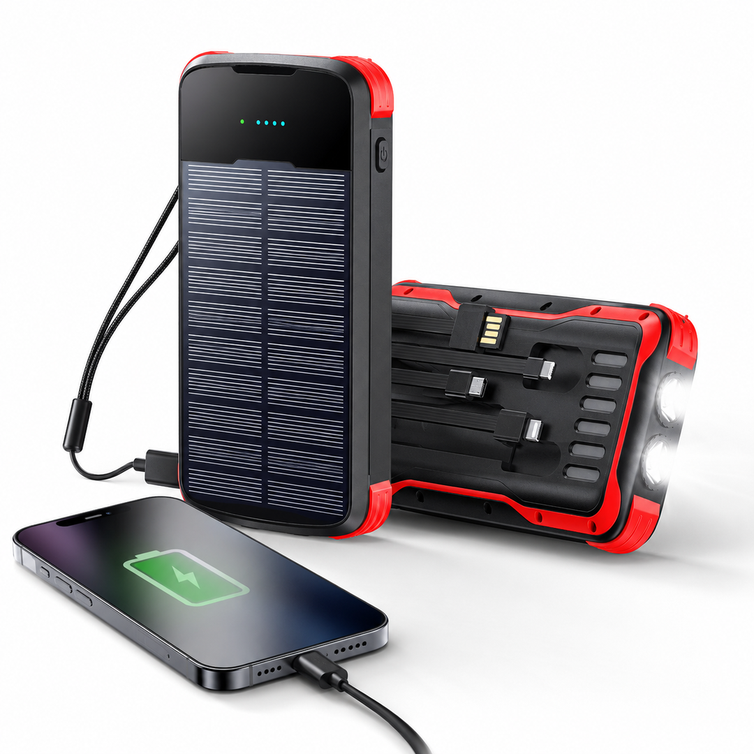 Rugged portable solar power bank with integrated LED flashlight and multi-tip charging cable Bowlift
