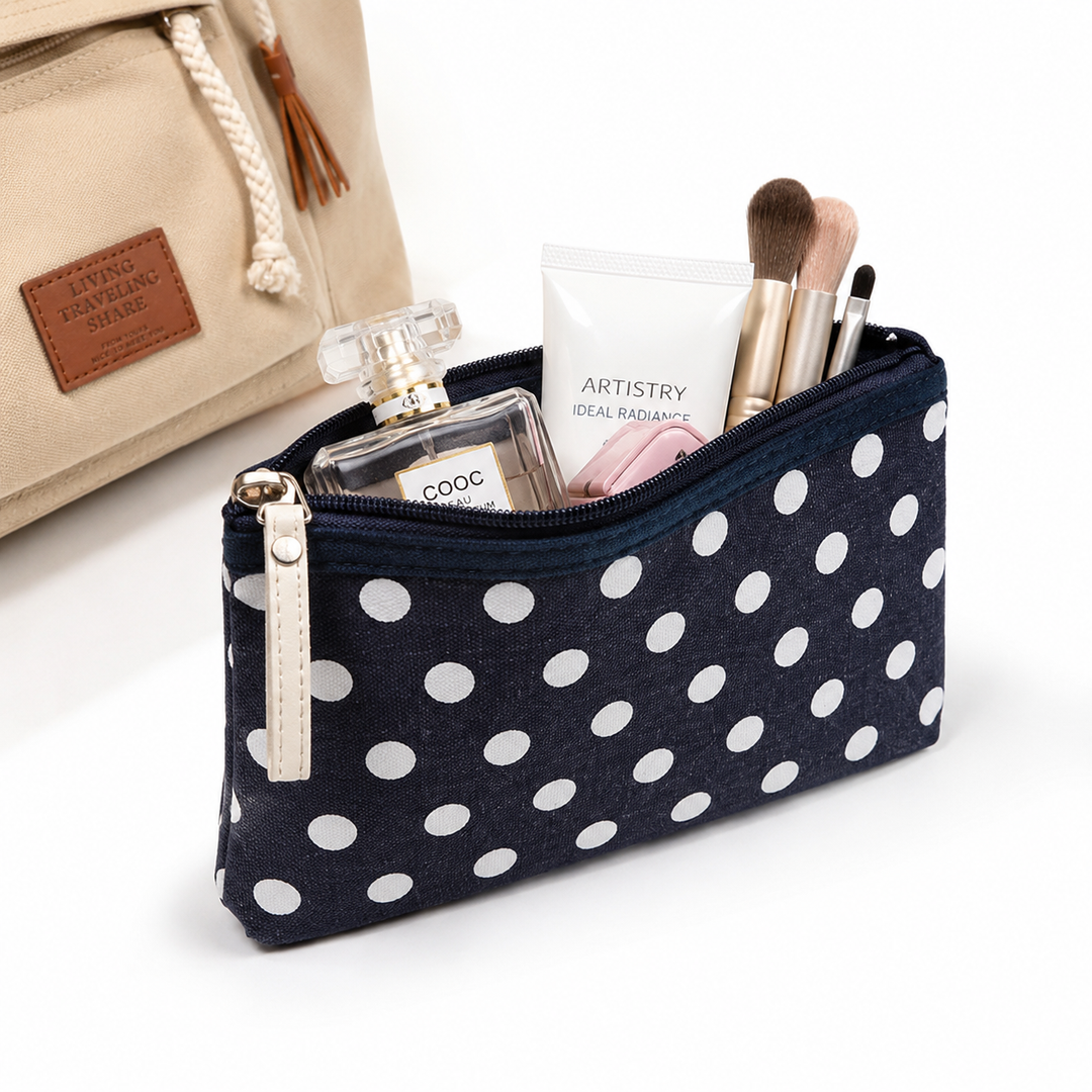 Canvas polka dot cosmetic pouch with zippered faux leather pull Bowlift