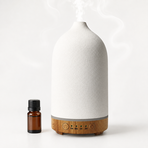 Ultrasonic essential oil diffuser with wood grain base and matte textured ceramic cover Bowlift