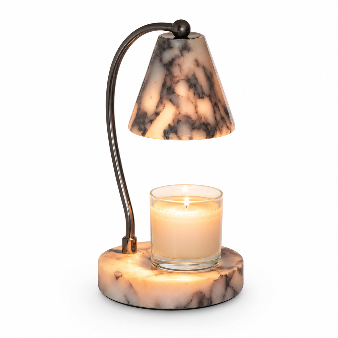 Marble bedside lamp with integrated candle tray and curved metal arm Bowlift