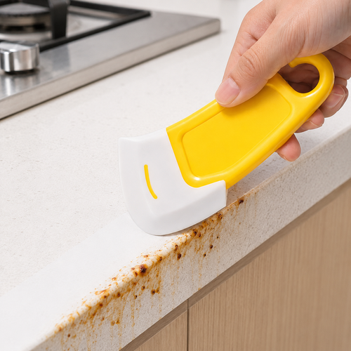 Ergonomic non-scratch pan scraper with soft-grip handle Bowlift