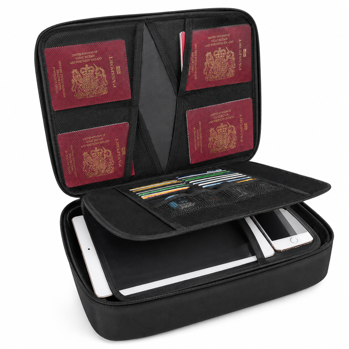 Travel document organizer with multiple passport slots card pockets tablet sleeve and zippered mesh compartments Bowlift