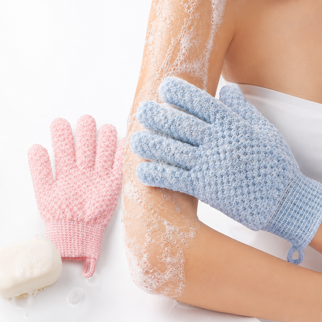 Exfoliating Shower Gloves with Soft Textured Scrub Fabric and Stretchy Elastic Cuff Bowlift